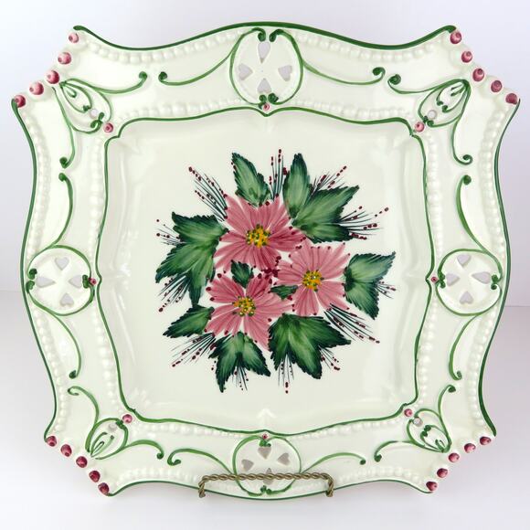 Casafina Portugal Hand Painted Floral Pierced Lace Edge 12.25" Ceramic Platter - Picture 2 of 16
